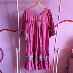 Pink Tiered Midi Dress with Colorful Trim